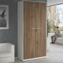 Armario metálico de oficina con puertas de melamina Strong 185x92cm, estructura blanca