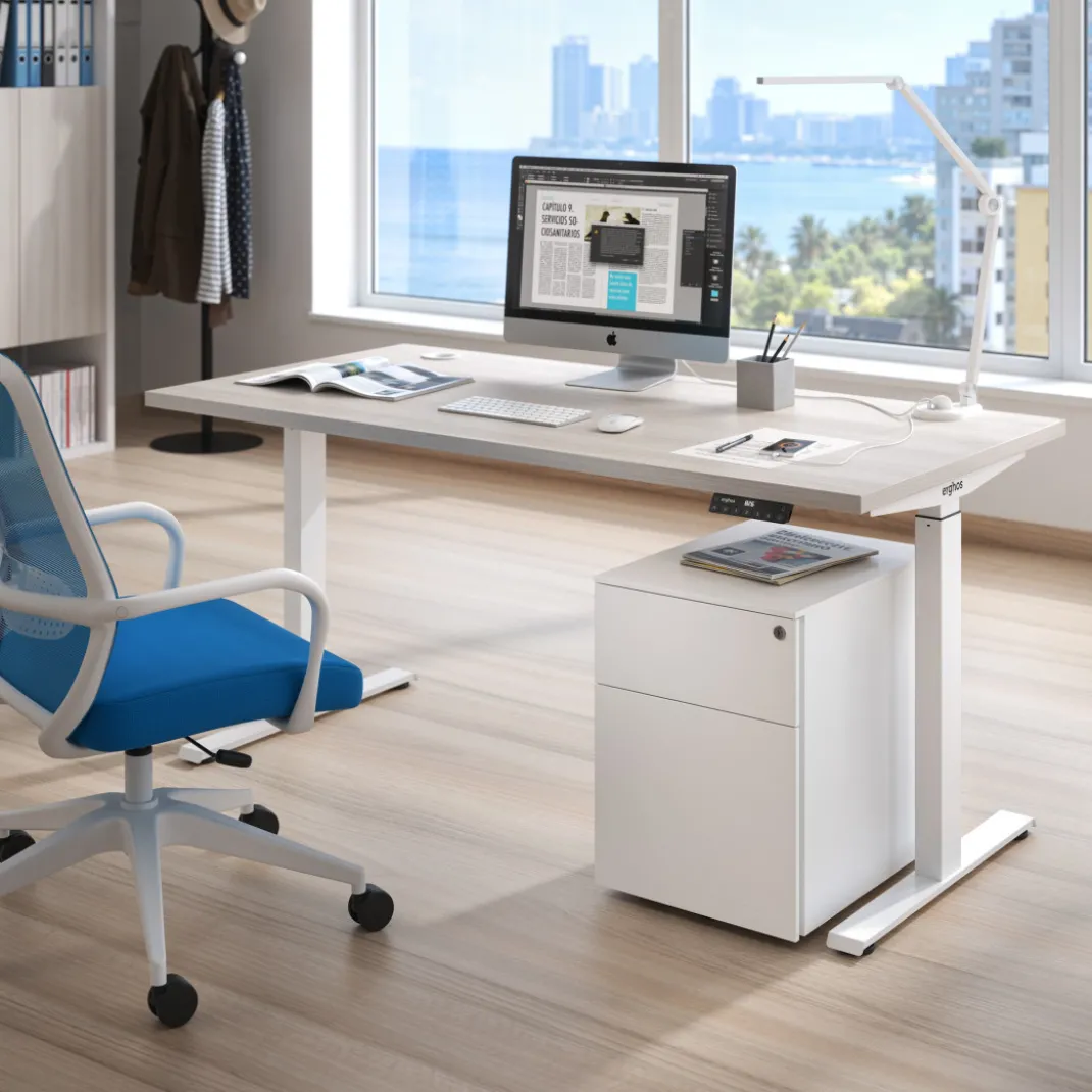 Escritorio Elevable Erghos Motion Pro estructura blanca 2 cantos curvos