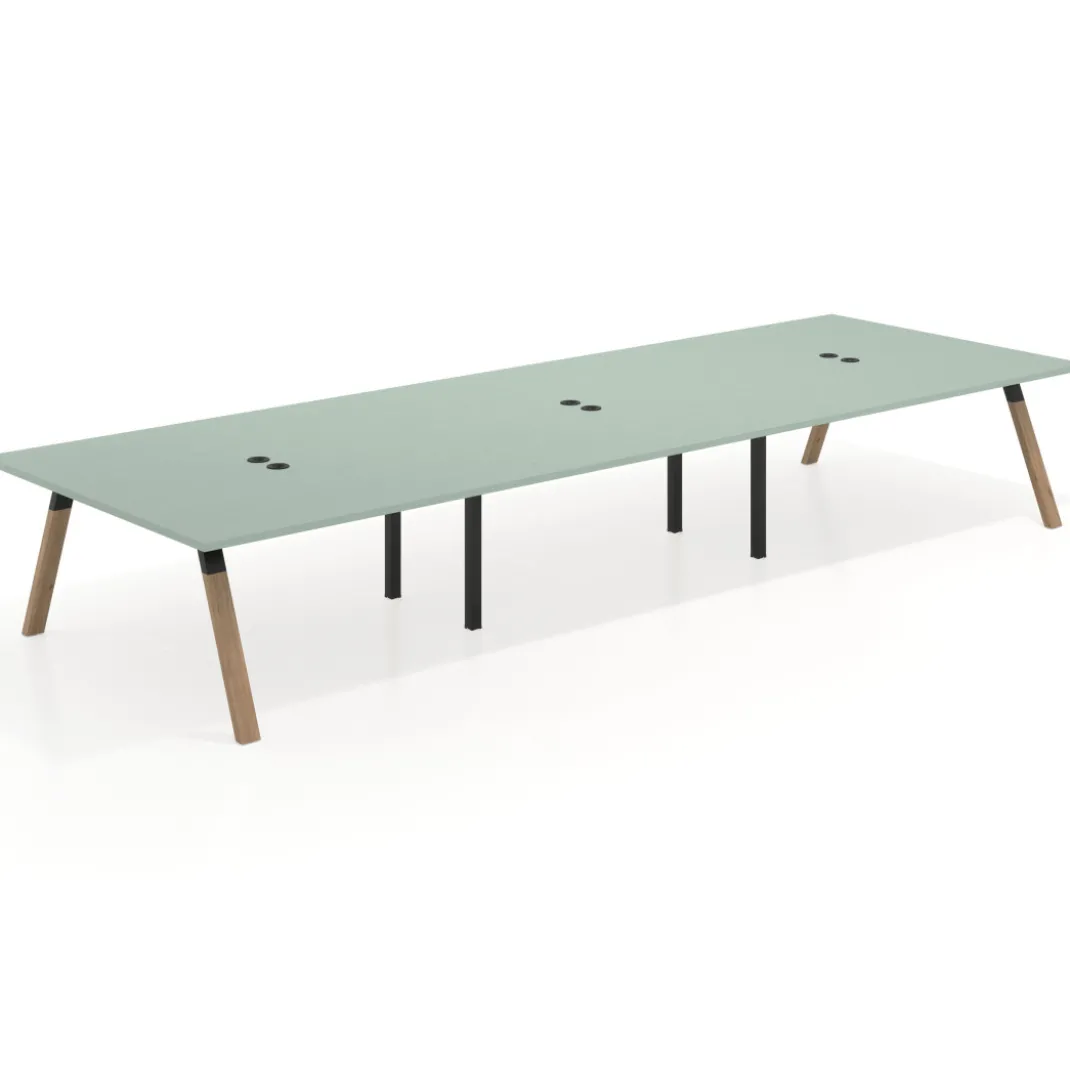 Mesa de oficina coworking triple UvePro fondo 166, cantos rectos, estructura negra/madera