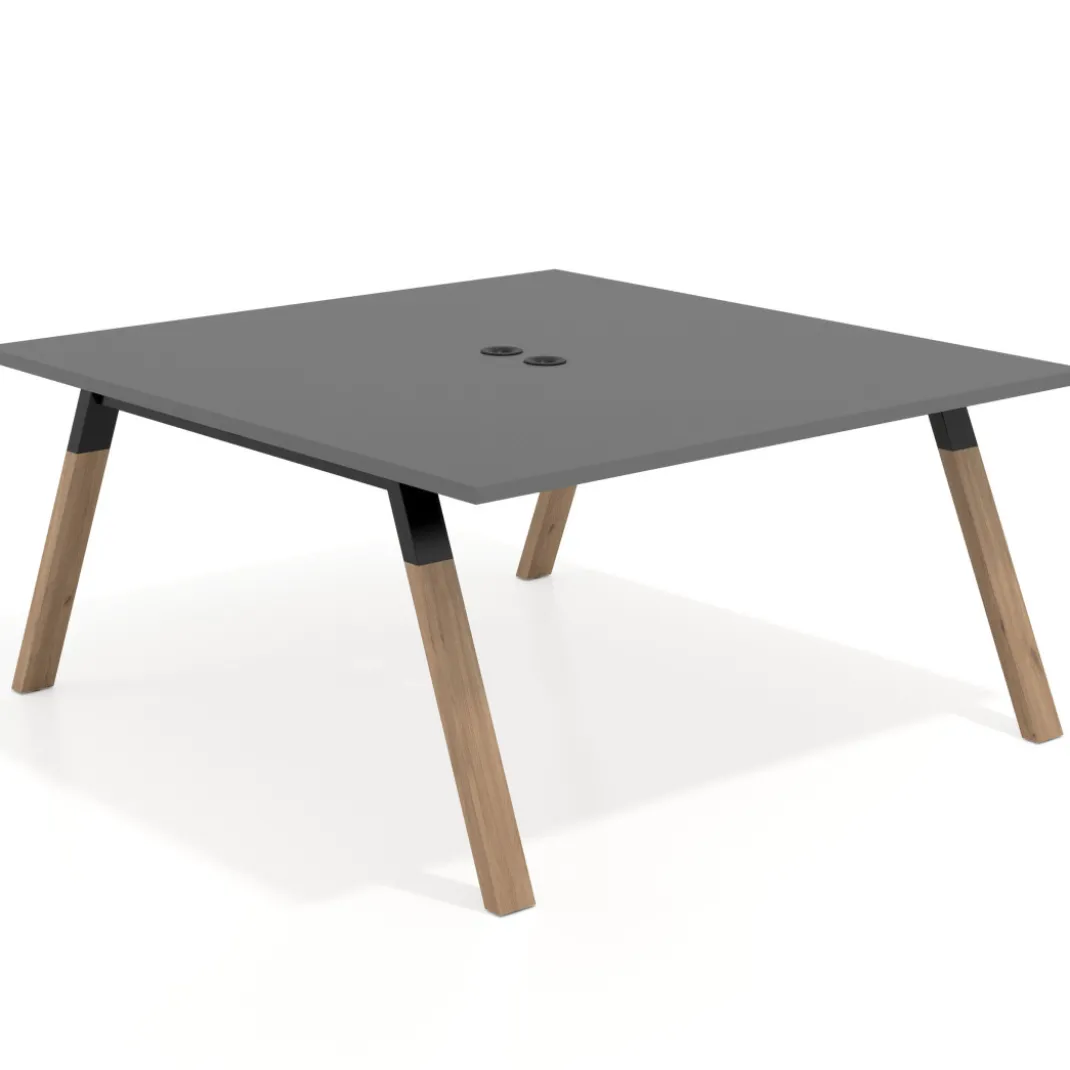 Mesa de oficina doble UvePro fondo 166, cantos rectos, estructura negra/madera