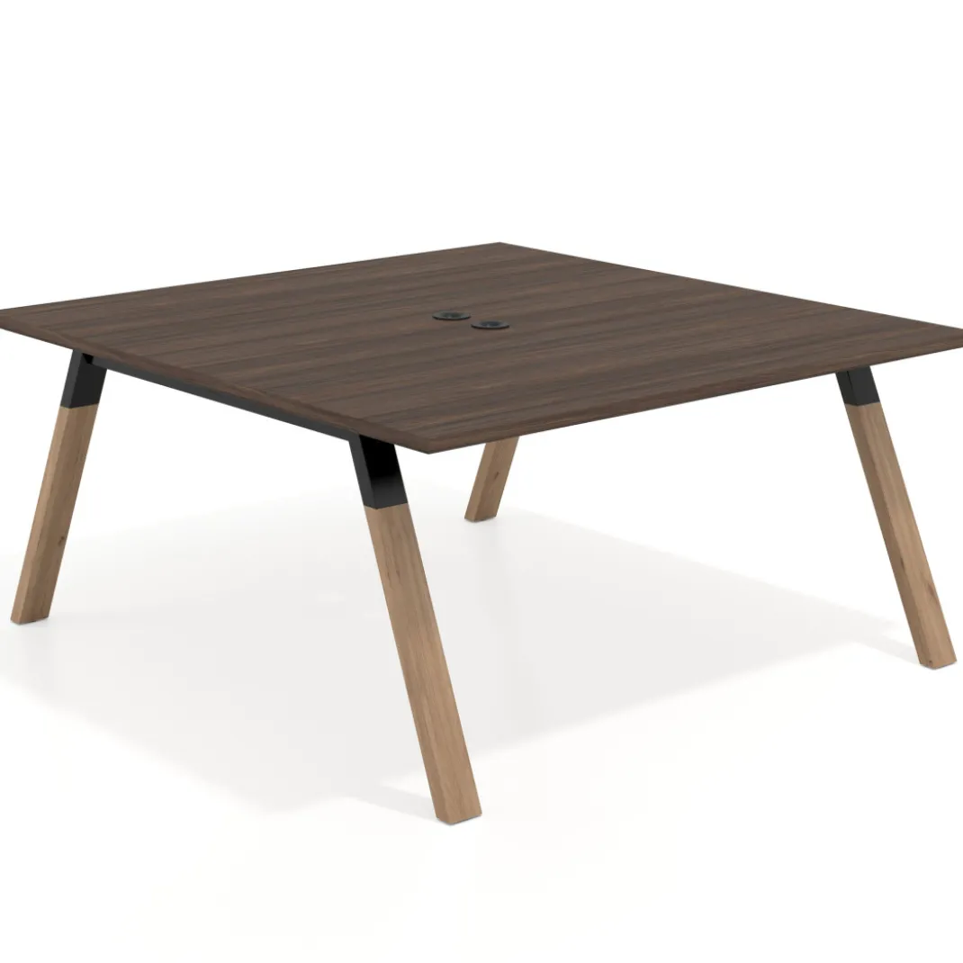 Mesa de oficina doble UvePro fondo 166, cantos rectos, estructura negra/madera