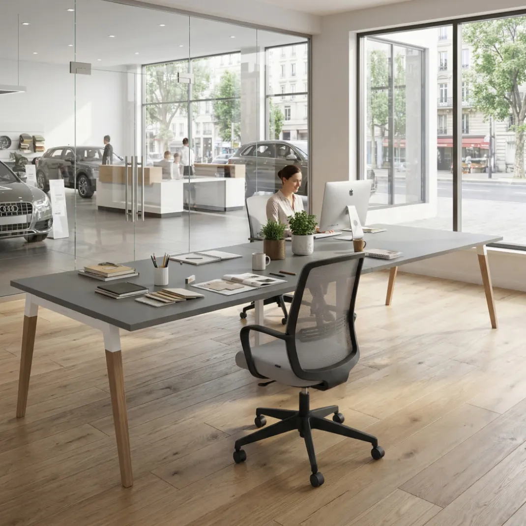 Mesa de oficina en continuidad Arki doble, patas de madera, fondo 100cm