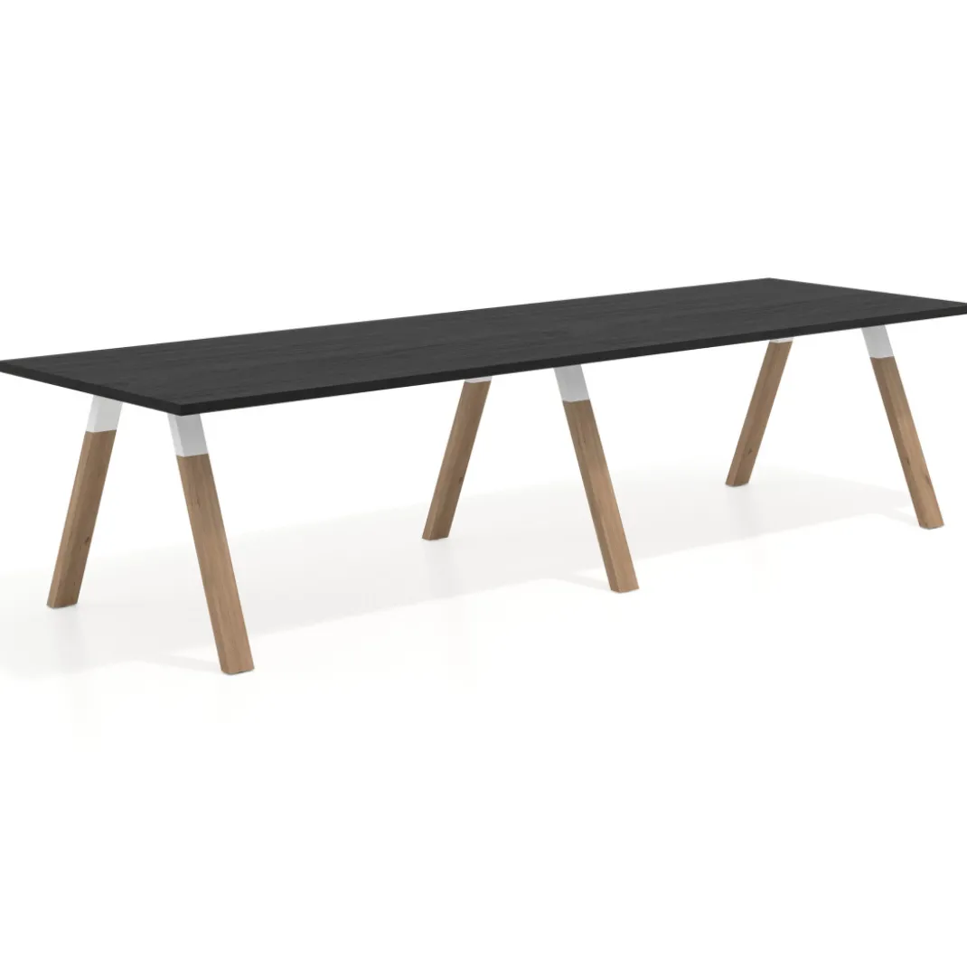 Mesa de oficina progresiva UvePro doble, fondo 100cm, estructura blanca, patas de madera