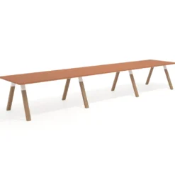 Mesa de oficina progresiva UvePro triple, fondo 100cm, estructura blanca, patas de madera