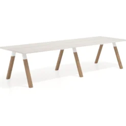 Mesa de oficina progresiva UvePro doble, fondo 100cm, estructura blanca, patas de madera