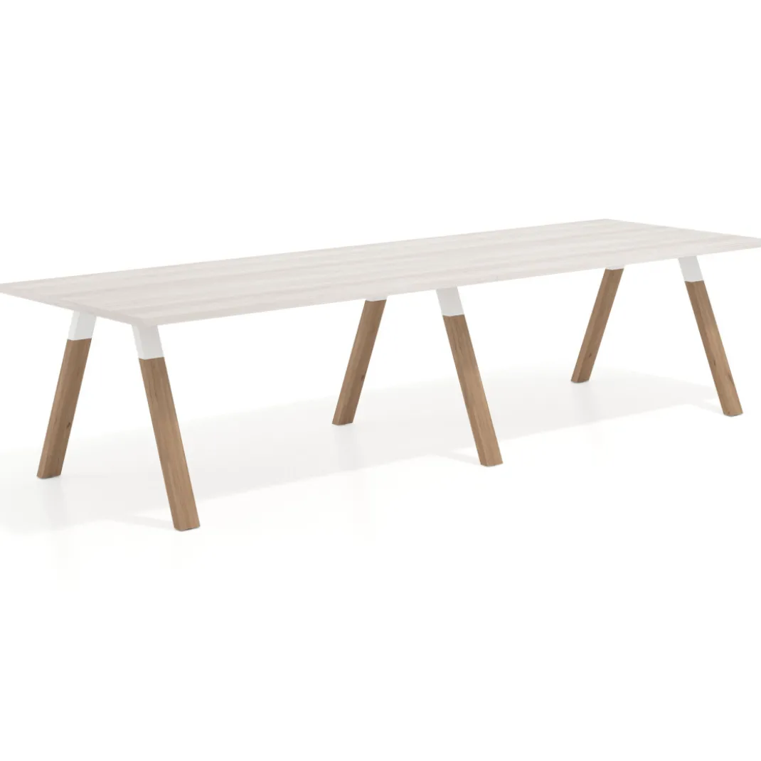Mesa de oficina progresiva UvePro doble, fondo 100cm, estructura blanca, patas de madera