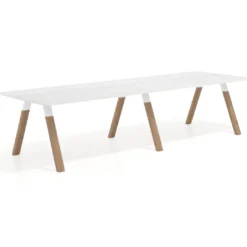 Mesa de oficina progresiva UvePro doble, fondo 100cm, estructura blanca, patas de madera
