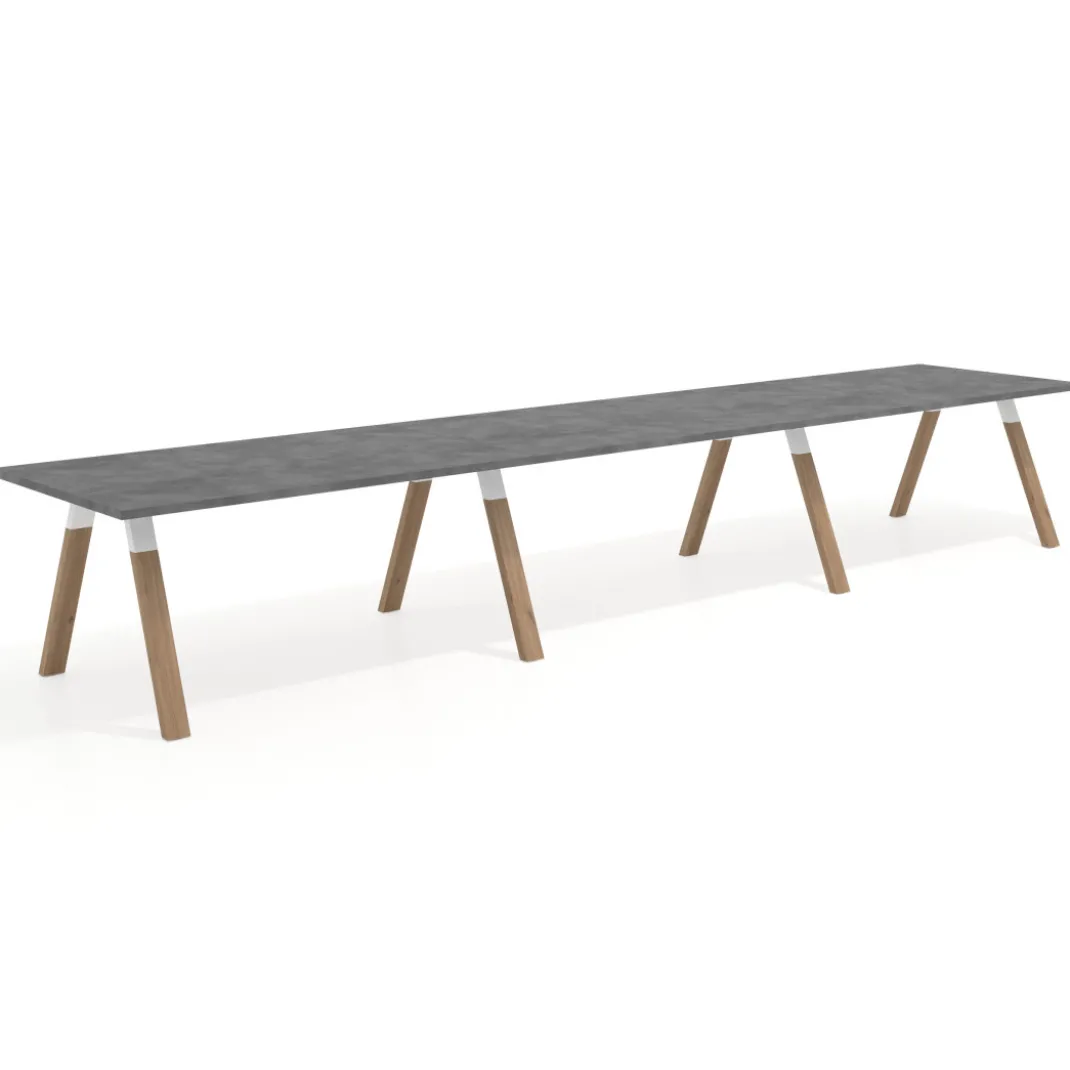 Mesa de oficina progresiva UvePro triple, fondo 100cm, estructura blanca, patas de madera
