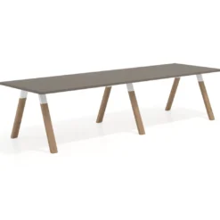 Mesa de oficina progresiva UvePro doble, fondo 100cm, estructura blanca, patas de madera