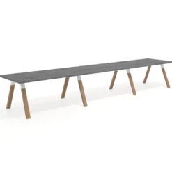 Mesa de oficina progresiva UvePro triple, fondo 100cm, estructura blanca, patas de madera
