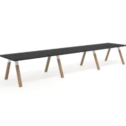 Mesa de oficina progresiva UvePro triple, fondo 100cm, estructura blanca, patas de madera