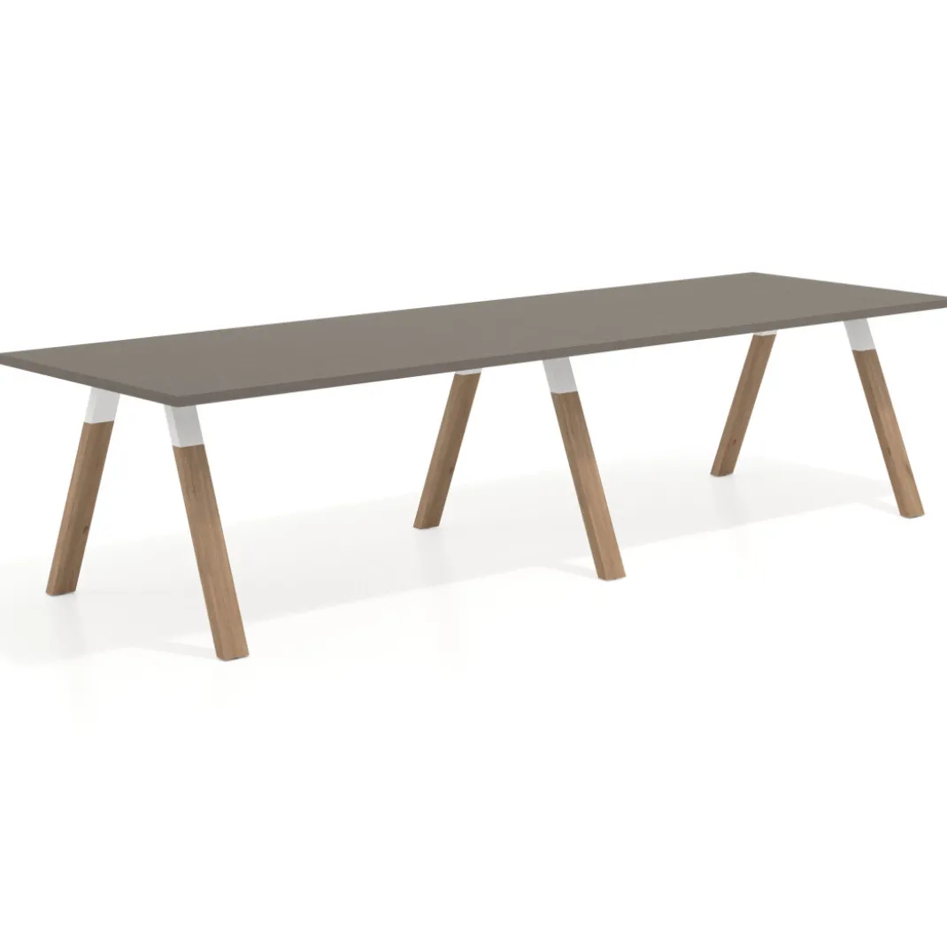 Mesa de oficina progresiva UvePro doble, fondo 100cm, estructura blanca, patas de madera