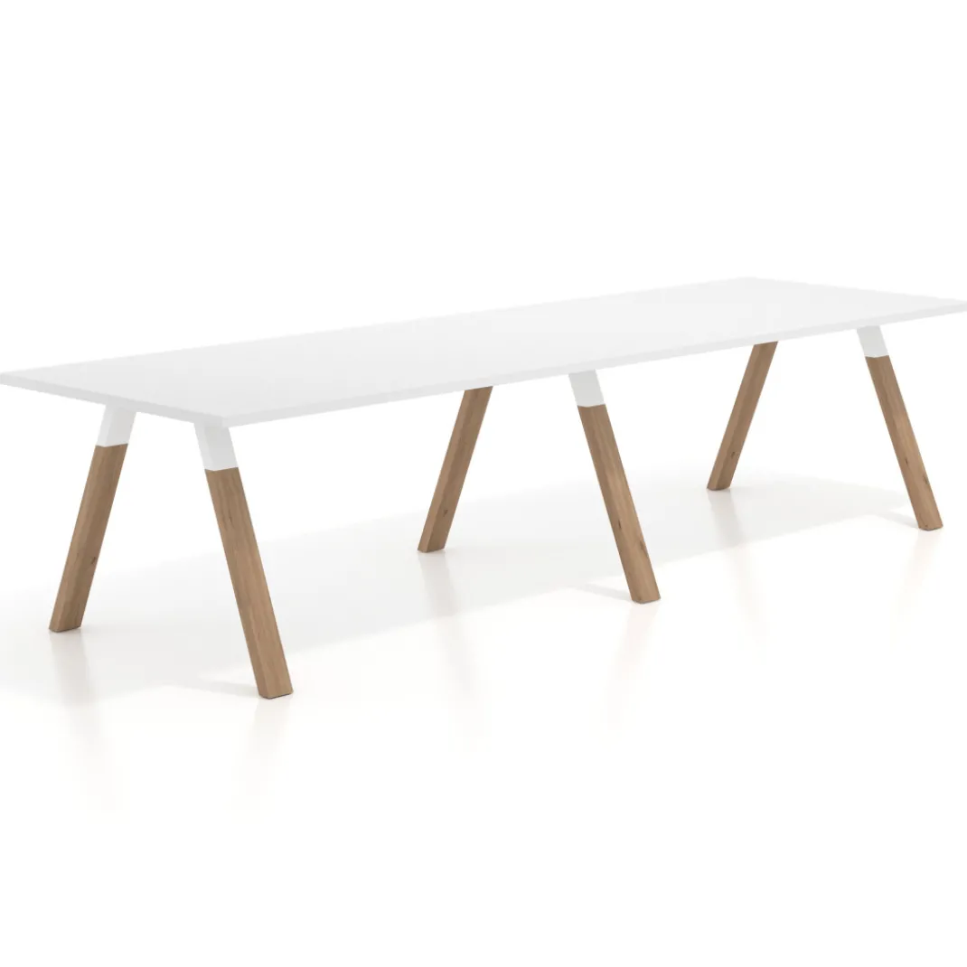 Mesa de oficina progresiva UvePro doble, fondo 100cm, estructura blanca, patas de madera