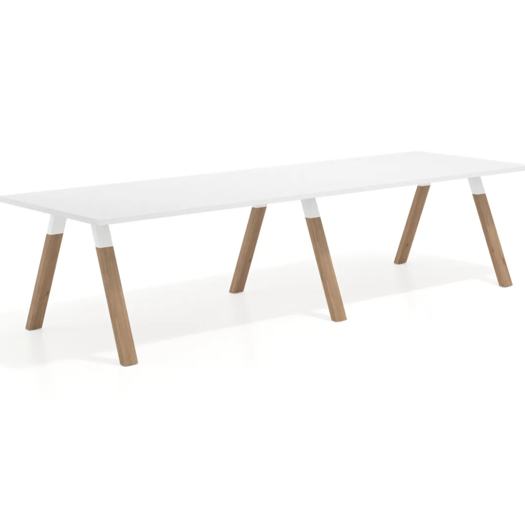 Mesa de oficina progresiva UvePro doble, fondo 100cm, estructura blanca, patas de madera