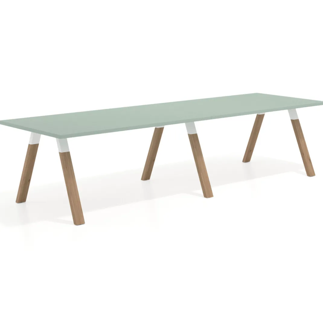 Mesa de oficina progresiva UvePro doble, fondo 100cm, estructura blanca, patas de madera