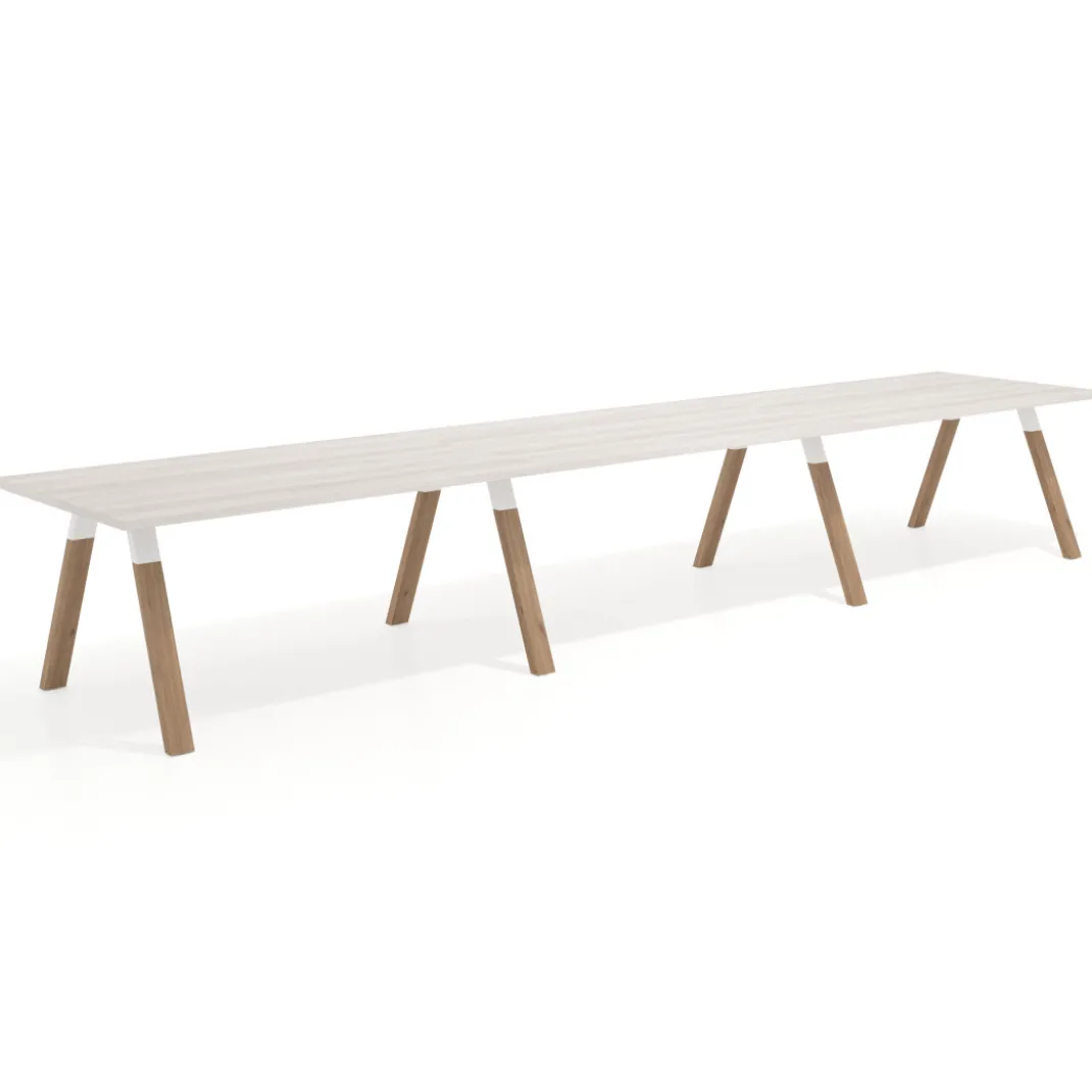 Mesa de oficina progresiva UvePro triple, fondo 100cm, estructura blanca, patas de madera