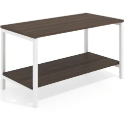 Mesa de trabajo expositor Kube con 2 niveles, estructura blanca