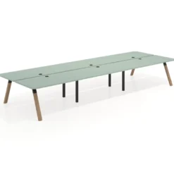 Mesa multipuesto UvePro Bench triple, fondo 166 cm, sobre curvo, estructura negra/madera