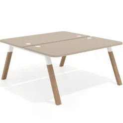 Mesa multipuesto UvePro Bench fondo 166 cm, sobre curvo, estructura blanca/madera