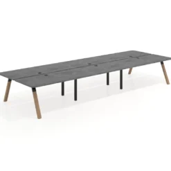 Mesa multipuesto UvePro Bench triple, fondo 166 cm, sobre curvo, estructura negra/madera