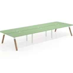 Mesa multipuesto UvePro Bench triple, fondo 166 cm, sobre curvo, estructura blanca/madera