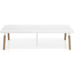 Mesa multipuesto UvePro Bench doble, fondo 166 cm, sobre curvo, estructura blanca/madera