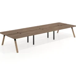 Mesa multipuesto UvePro Bench triple, fondo 166 cm, sobre curvo, estructura negra/madera