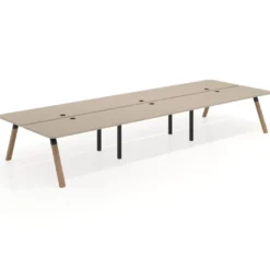 Mesa multipuesto UvePro Bench triple, fondo 166 cm, sobre curvo, estructura negra/madera