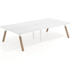 Mesa multipuesto UvePro Bench doble, fondo 166 cm, sobre curvo, estructura blanca/madera