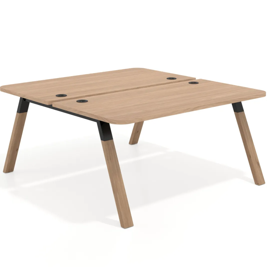 Mesa multipuesto UvePro Bench fondo 166 cm, sobre curvo, estructura negra/madera