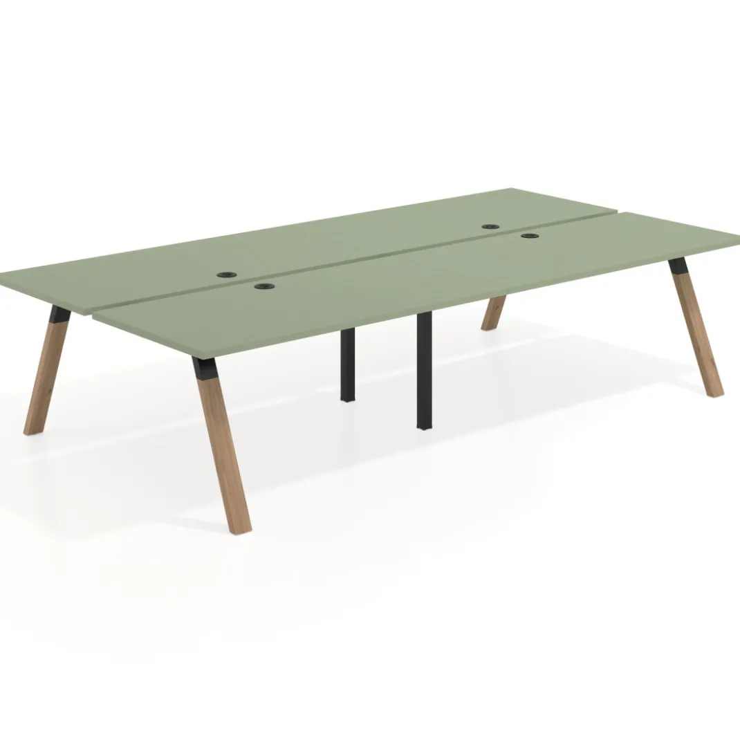 Mesa multipuesto UvePro Bench doble, fondo 166 cm, estructura negra/madera
