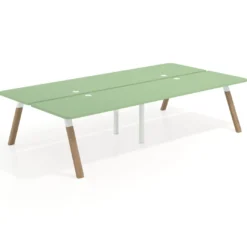 Mesa multipuesto UvePro Bench doble, fondo 166 cm, sobre curvo, estructura blanca/madera