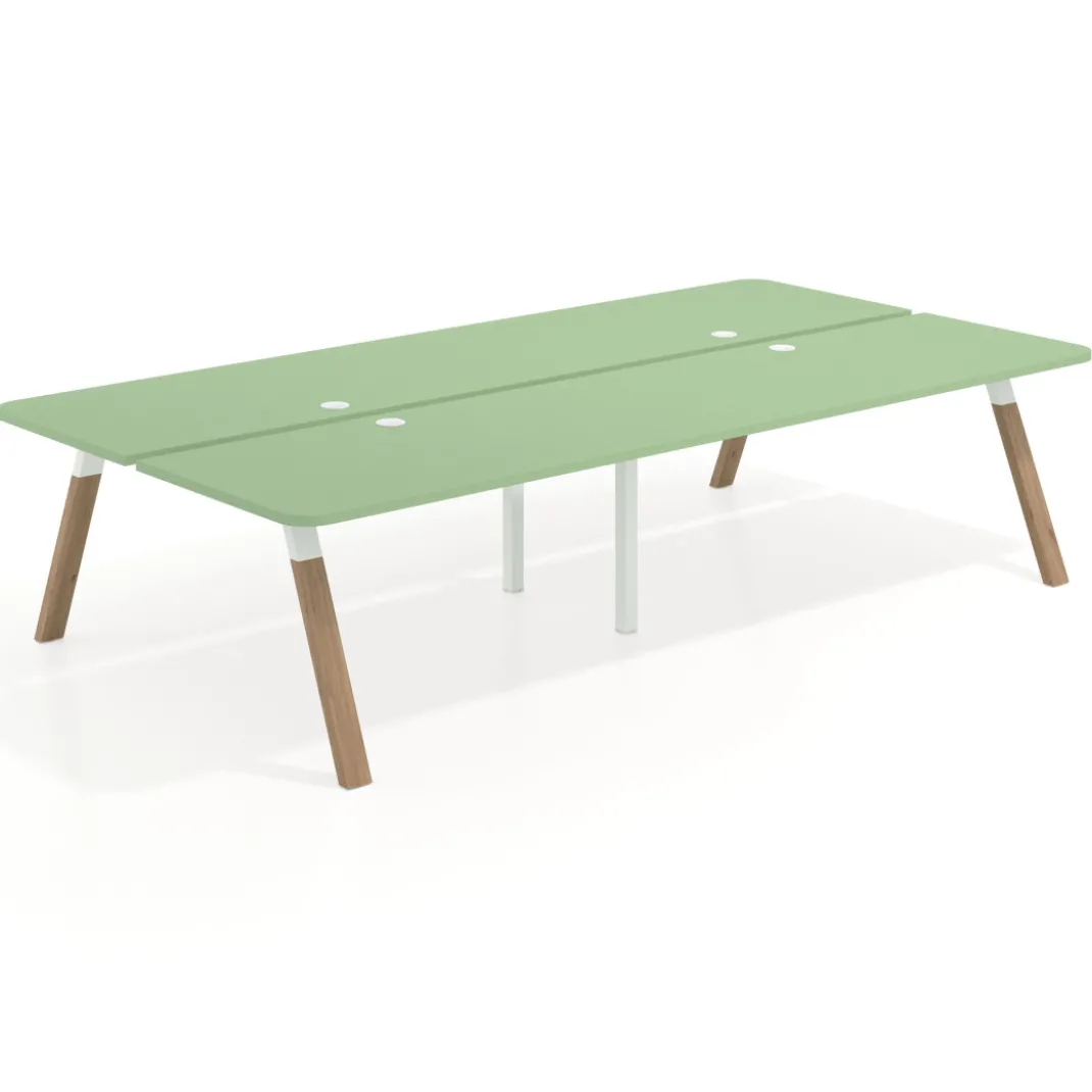 Mesa multipuesto UvePro Bench doble, fondo 166 cm, sobre curvo, estructura blanca/madera