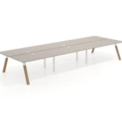 Mesa multipuesto UvePro Bench triple, fondo 166 cm, sobre curvo, estructura blanca/madera