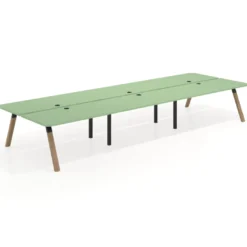 Mesa multipuesto UvePro Bench triple, fondo 166 cm, sobre curvo, estructura negra/madera