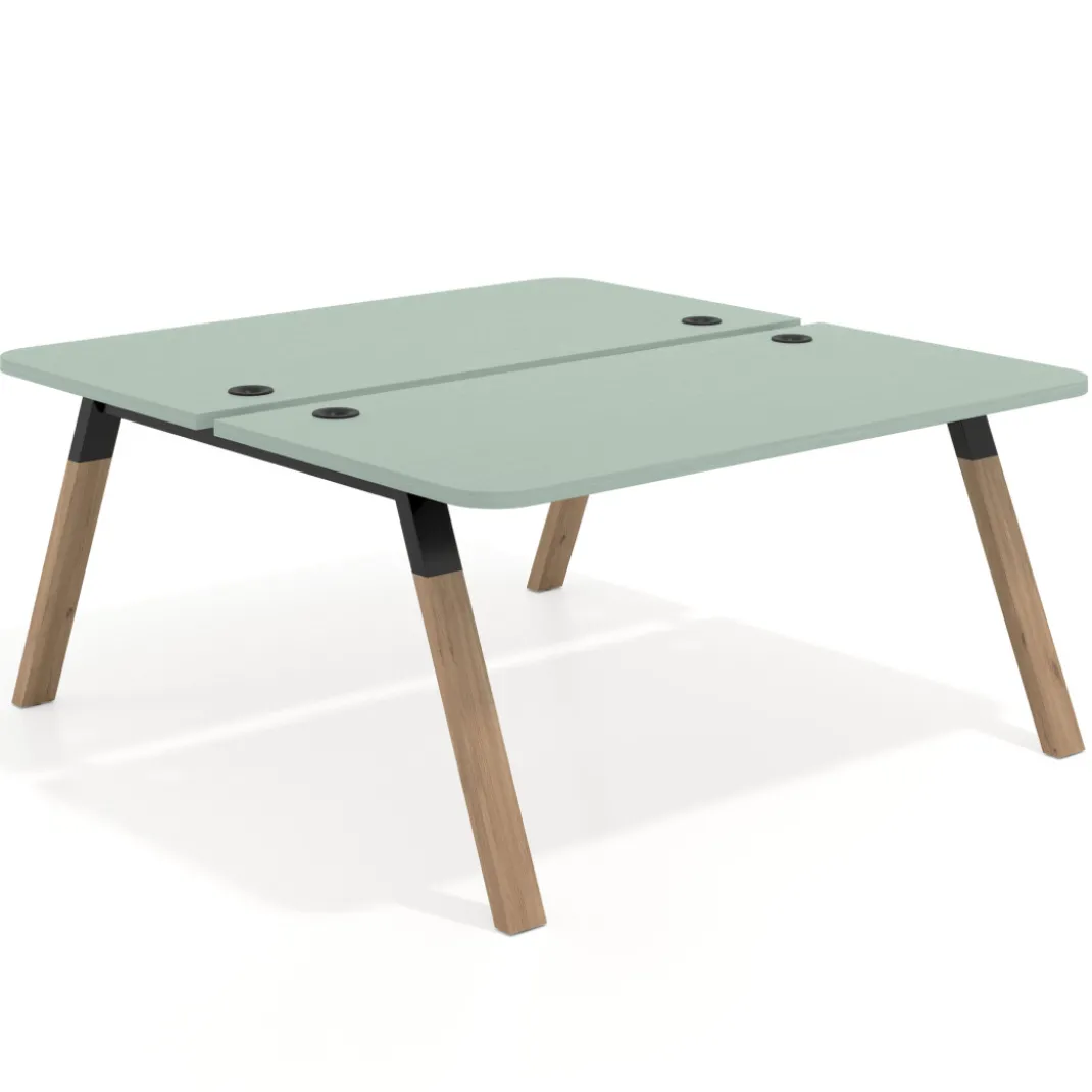 Mesa multipuesto UvePro Bench fondo 166 cm, sobre curvo, estructura negra/madera