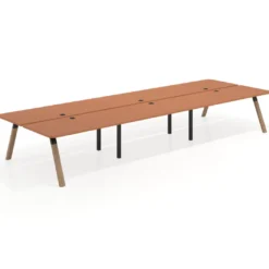 Mesa multipuesto UvePro Bench triple, fondo 166 cm, sobre curvo, estructura negra/madera