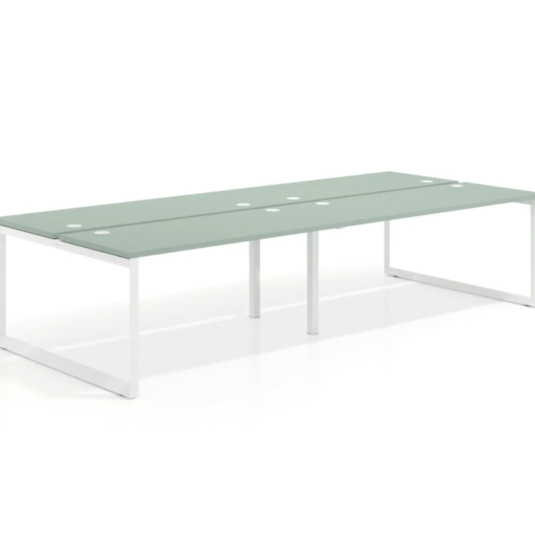 Mesa oficina multipuesto bench Delta doble, fondo 142cm, estructura blanca
