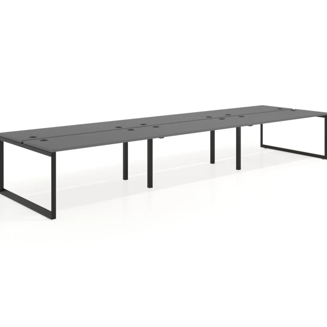 Mesa oficina multipuesto bench Delta triple, fondo 142cm, estructura negra