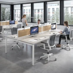 Mesa oficina multipuesto bench Kube doble, fondo 166 cm, estructura blanco