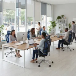 Mesa oficina multipuesto bench Delta triple, fondo 142cm, estructura blanca
