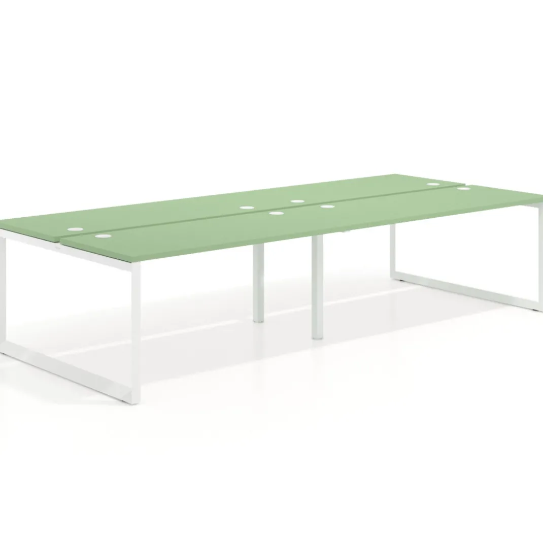 Mesa oficina multipuesto bench Delta doble, fondo 142cm, estructura blanca