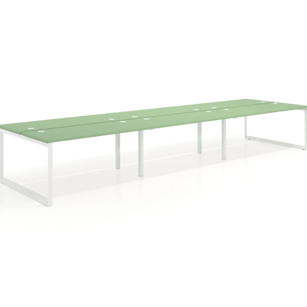 Mesa oficina multipuesto bench Delta triple, fondo 142cm, estructura blanca
