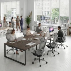 Mesa para reuniones rectangular triple, fondo 142 cm, estructura negra