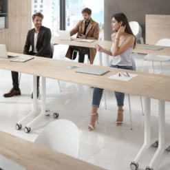 Mesa plegable pivot rectangular, estructura blanca, canto 16cm