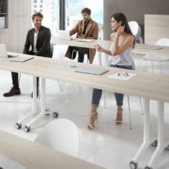 Mesa plegable pivot rectangular, estructura blanca, canto 30cm