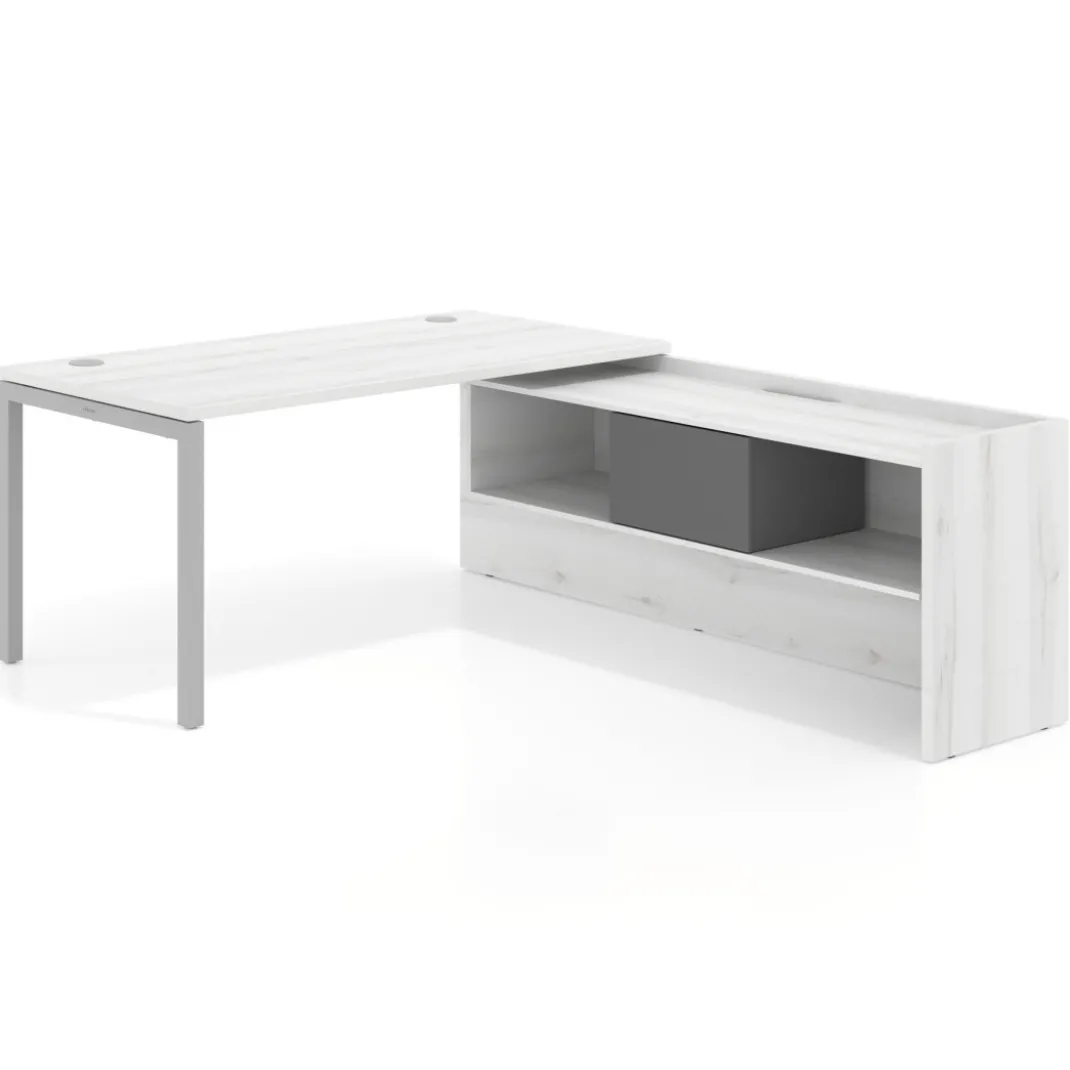 Mesa de despacho en L Kube fondo 80cm con ala+cajones WorkPlus estructura aluminio