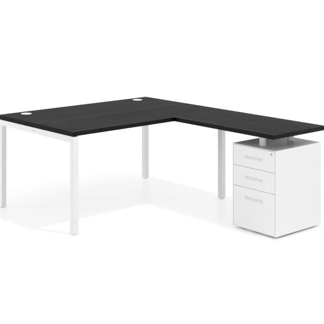 Mesa de dirección en L con cajones Kube, fondo 100, frontales metal, estructura blanca