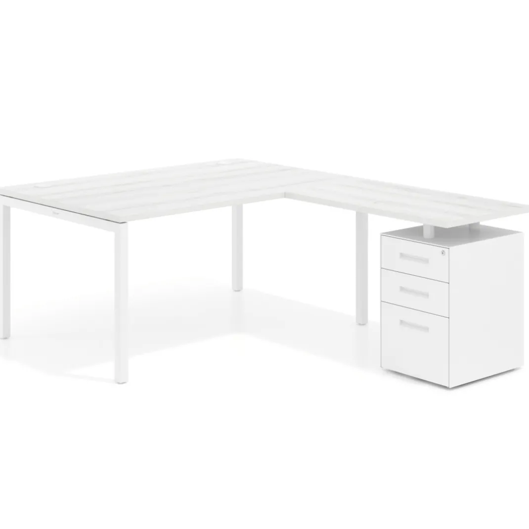 Mesa de dirección en L con cajones Kube, fondo 100, frontales metal, estructura blanca