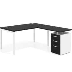 Mesa de dirección en L con cajones Kube, fondo 100, frontales melamina, estructura aluminio